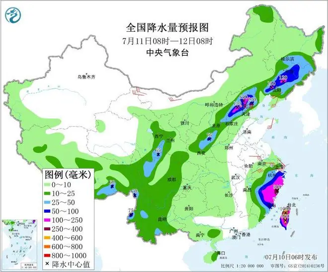 图5 全国降水量预报图(7月11日08时-12日08时)